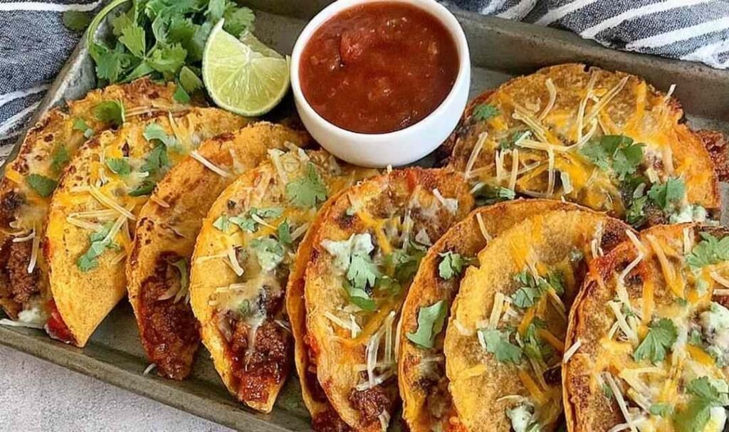 Crispy oven baked tacos with ground beef and melted cheese arranged on a baking sheet, golden and crunchy fresh from the oven