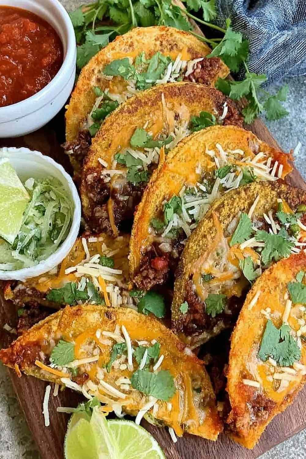 Crispy oven baked tacos with ground beef and melted cheese arranged on a baking sheet, golden and crunchy fresh from the oven