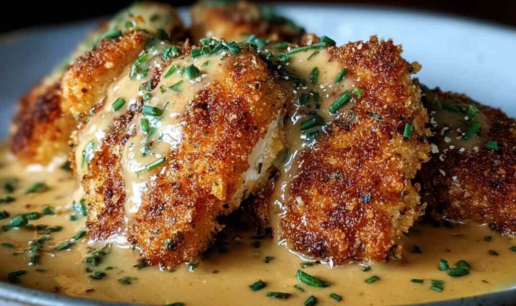 Crispy Parmesan chicken with garlic sauce in skillet with creamy white sauce coating golden brown chicken breasts