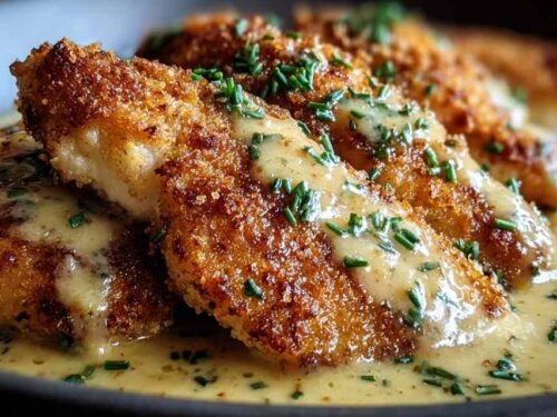 Crispy Parmesan chicken with garlic sauce in skillet with creamy white sauce coating golden brown chicken breasts