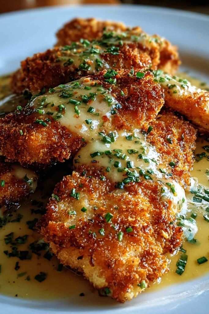 Crispy Parmesan chicken with garlic sauce in skillet with creamy white sauce coating golden brown chicken breasts