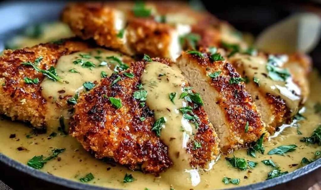 Crispy Parmesan chicken with garlic sauce in a skillet with golden seared chicken breasts and creamy Parmesan sauce