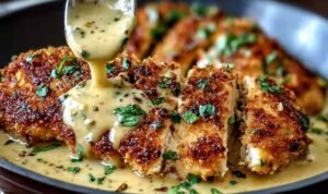 Crispy Parmesan chicken with garlic sauce in a skillet with golden seared chicken breasts and creamy Parmesan sauce