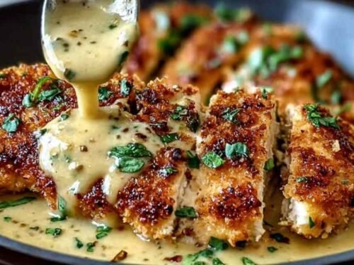 Crispy Parmesan chicken with garlic sauce in a skillet with golden seared chicken breasts and creamy Parmesan sauce