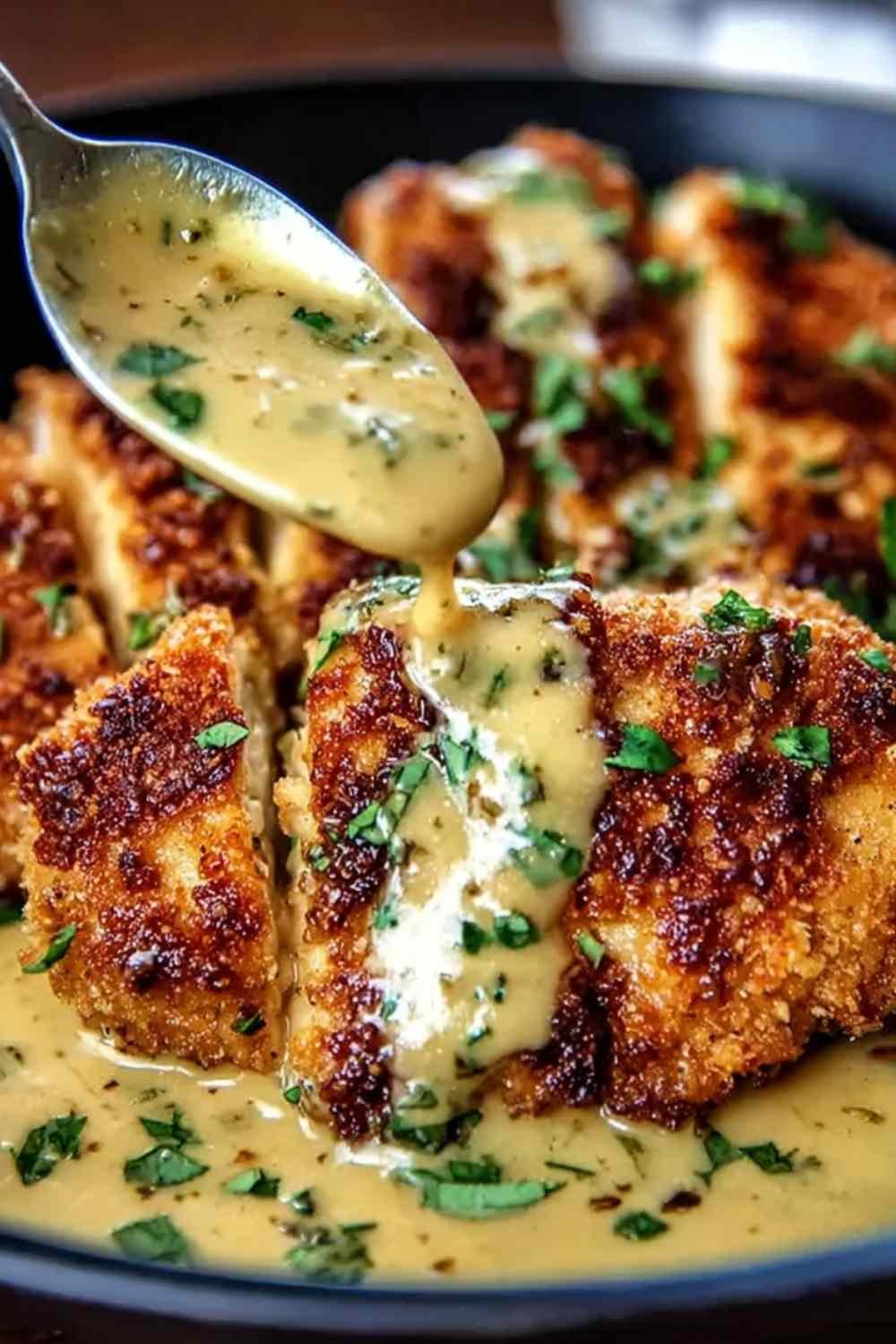 Crispy Parmesan chicken with garlic sauce in a skillet with golden seared chicken breasts and creamy Parmesan sauce