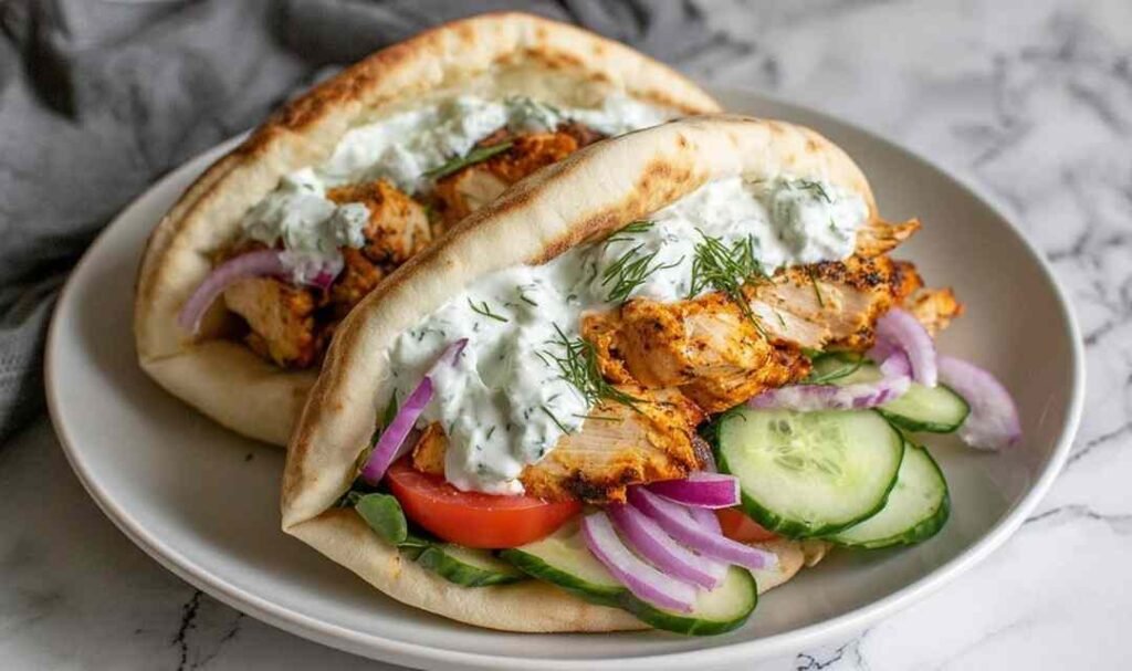 Crockpot Greek Chicken Pitas with Tzatziki topped with cucumber, tomato, red onion, feta, and tzatziki sauce on a wooden board