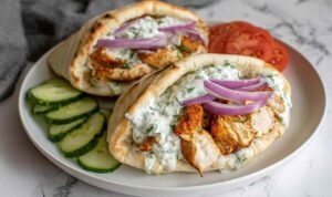 Crockpot Greek Chicken Pitas with Tzatziki topped with cucumber, tomato, red onion, feta, and tzatziki sauce on a wooden board