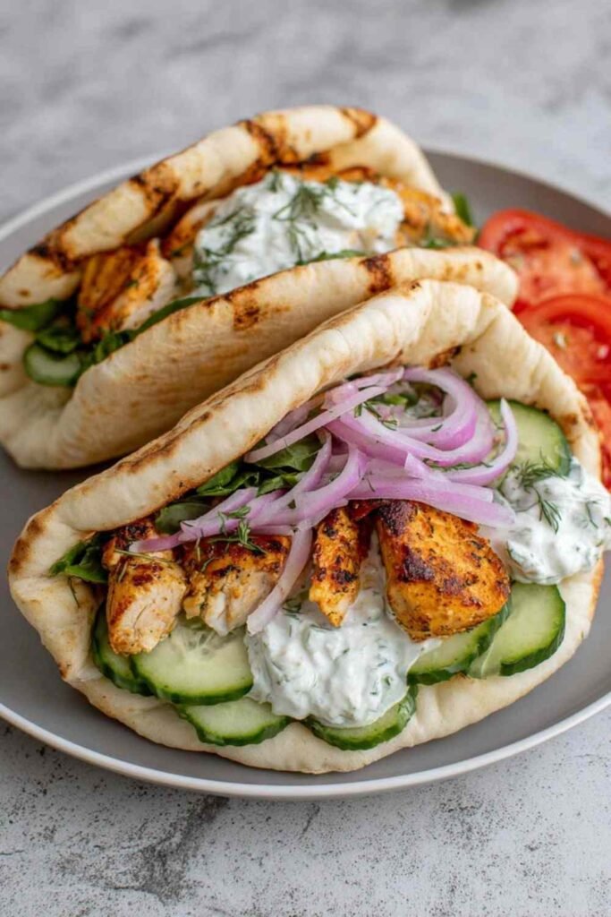 Crockpot Greek Chicken Pitas with Tzatziki topped with cucumber, tomato, red onion, feta, and tzatziki sauce on a wooden board