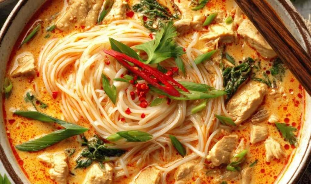 Damn Delicious Thai Red Curry Noodle Soup in a white bowl with fresh cilantro, basil, and a lime wedge garnish