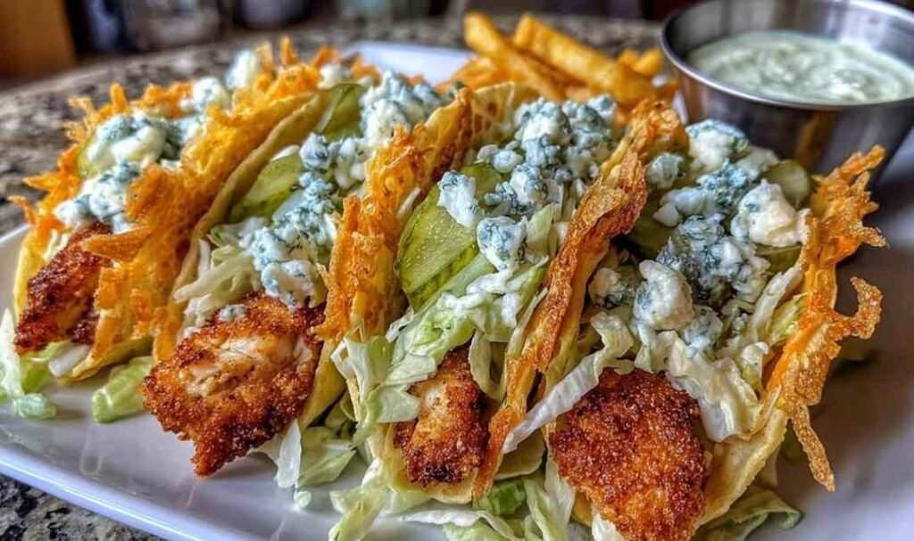 Dill Pickle Ranch Smash Chicken Tacos topped with creamy ranch cottage cheese and crispy cheese lace on a wooden serving board