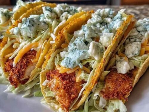 Dill Pickle Ranch Smash Chicken Tacos topped with creamy ranch cottage cheese and crispy cheese lace on a wooden serving board