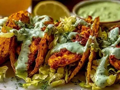 Dill pickle ranch smash chicken tacos on a wooden board topped with cheese lace, shredded cabbage, and cottage cheese ranch sauce