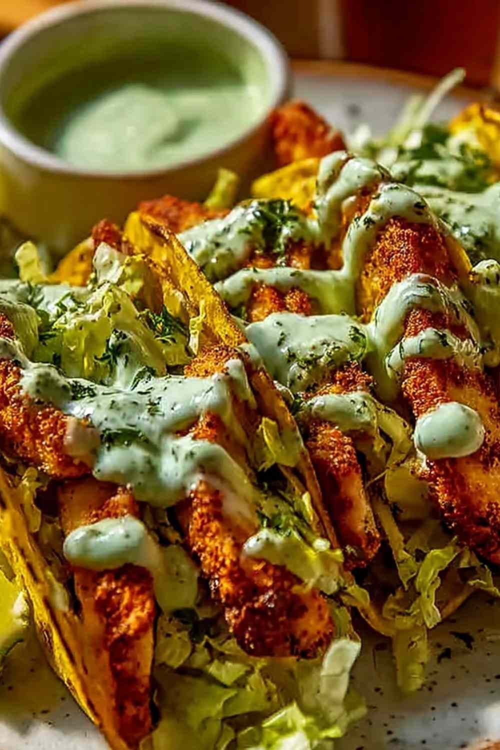 Dill pickle ranch smash chicken tacos on a wooden board topped with cheese lace, shredded cabbage, and cottage cheese ranch sauce