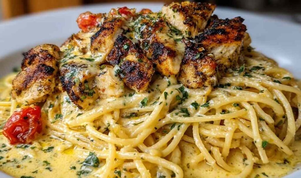 Creamy Cajun chicken spaghetti in a large skillet with golden broiled mozzarella and bold red Cajun sauce