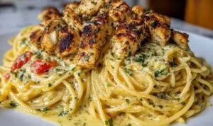 Creamy Cajun Chicken Spaghetti Creamy Cajun chicken spaghetti in a large skillet with golden broiled mozzarella and bold red Cajun sauce