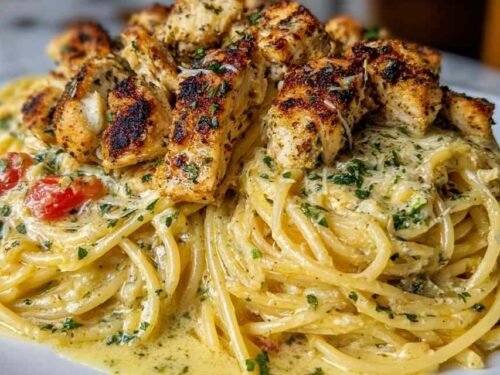 Creamy Cajun chicken spaghetti in a large skillet with golden broiled mozzarella and bold red Cajun sauce