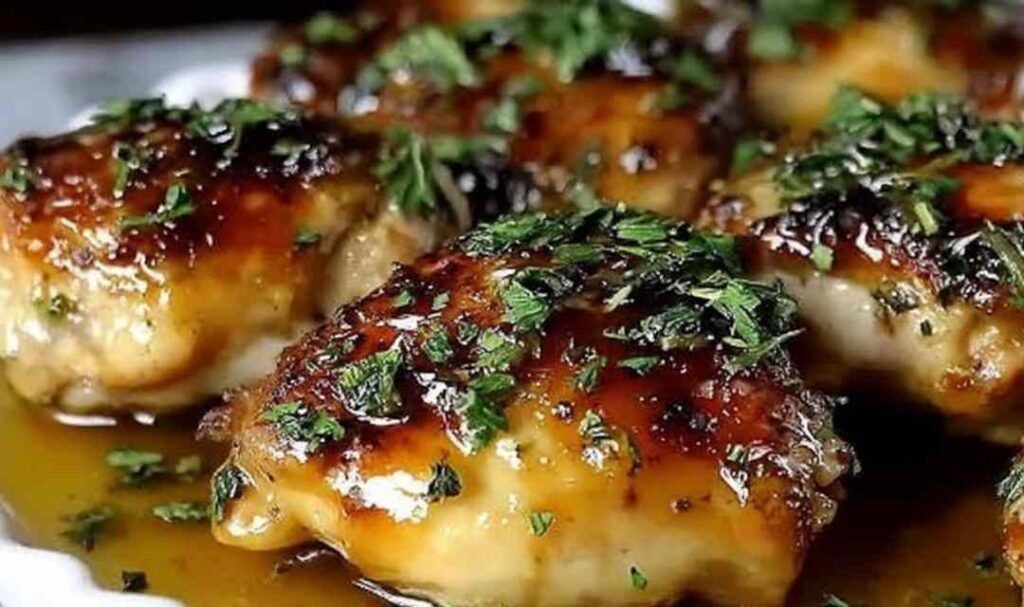 Creamy garlic chicken thighs in a rich lemon garlic cream sauce served over fluffy mashed potatoes in a skillet