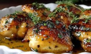 Creamy garlic chicken thighs in a rich lemon garlic cream sauce served over fluffy mashed potatoes in a skillet