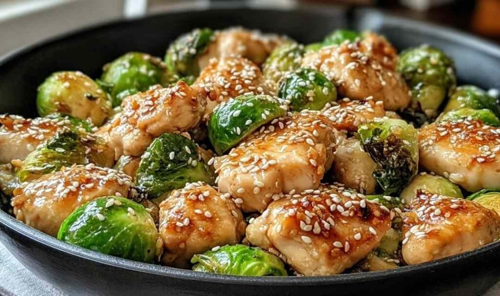 Honey garlic chicken Brussels sprouts skillet with glossy glaze and sesame seeds served in a large skillet