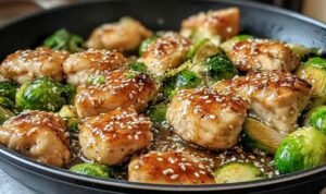 Honey Garlic Chicken Brussels Sprouts Skillet Honey garlic chicken Brussels sprouts skillet with glossy glaze and sesame seeds served in a large skillet