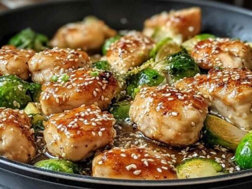 Honey garlic chicken Brussels sprouts skillet with glossy glaze and sesame seeds served in a large skillet