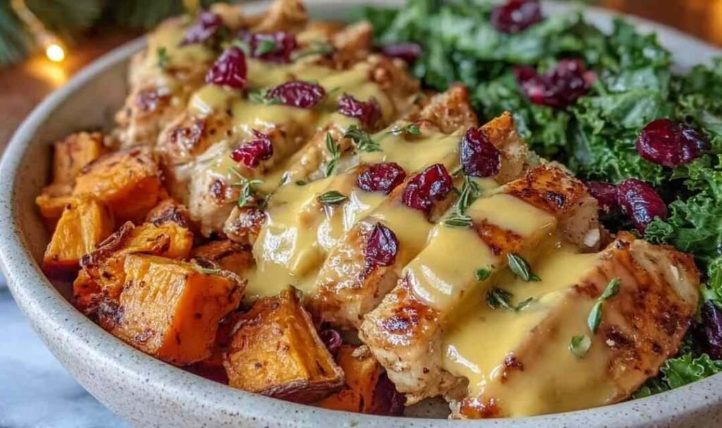 Maple Dijon Chicken Bowl with Sweet Potatoes on a sheet pan with golden glazed chicken thighs and caramelized sweet potato cubes