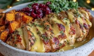 Maple Dijon Chicken Bowl with Sweet Potatoes Maple Dijon Chicken Bowl with Sweet Potatoes on a sheet pan with golden glazed chicken thighs and caramelized sweet potato cubes