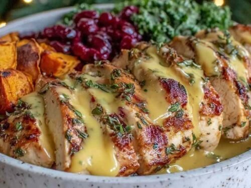 Maple Dijon Chicken Bowl with Sweet Potatoes on a sheet pan with golden glazed chicken thighs and caramelized sweet potato cubes