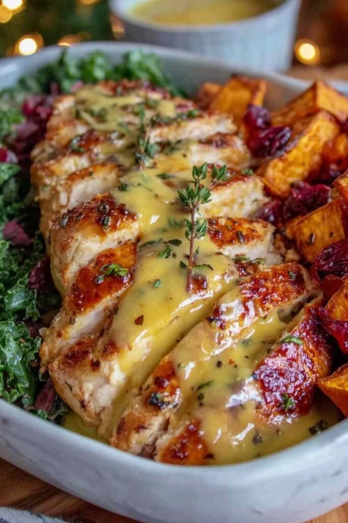 Maple Dijon Chicken Bowl with Sweet Potatoes on a sheet pan with golden glazed chicken thighs and caramelized sweet potato cubes