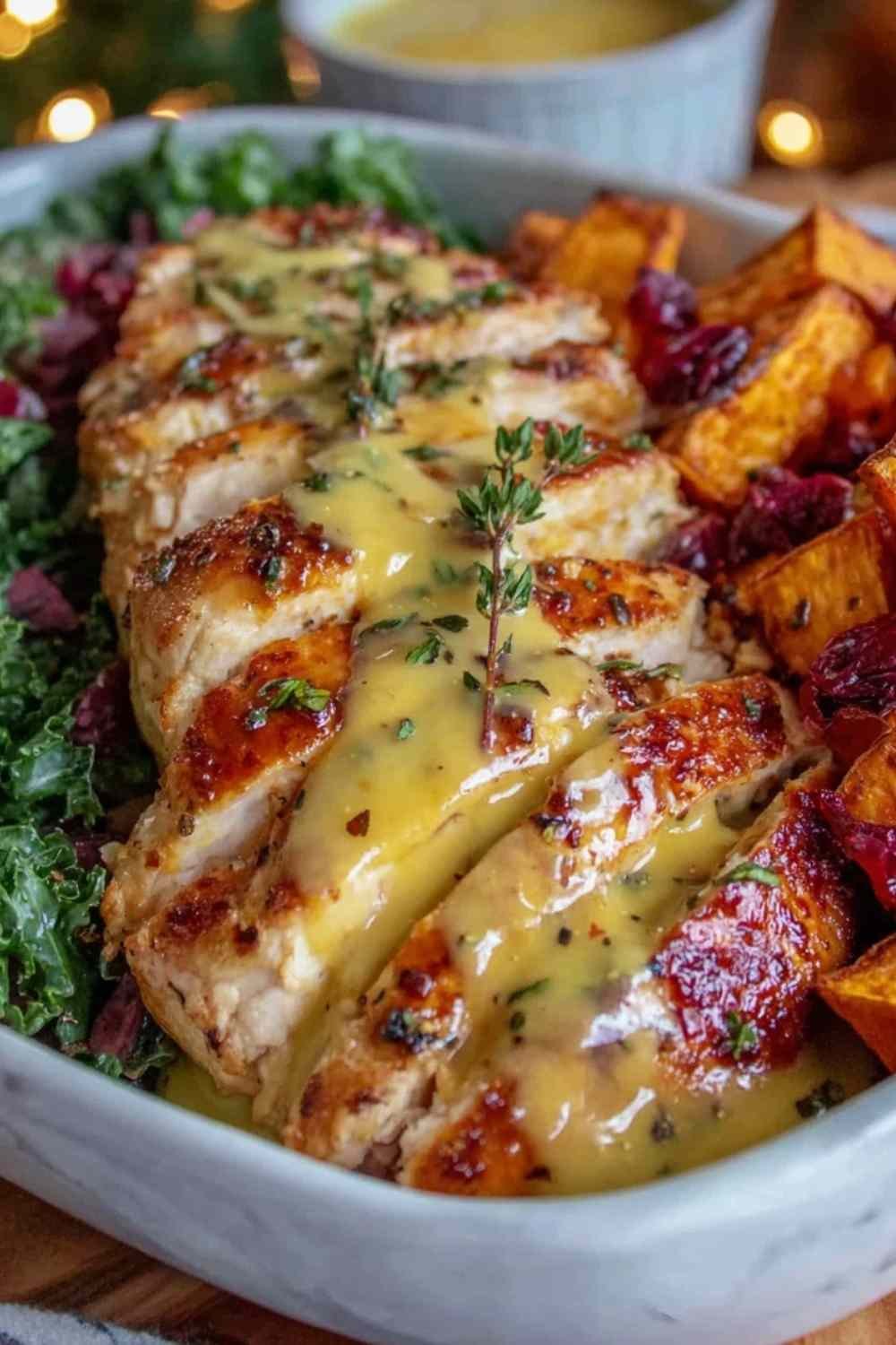 Maple Dijon Chicken Bowl with Sweet Potatoes on a sheet pan with golden glazed chicken thighs and caramelized sweet potato cubes