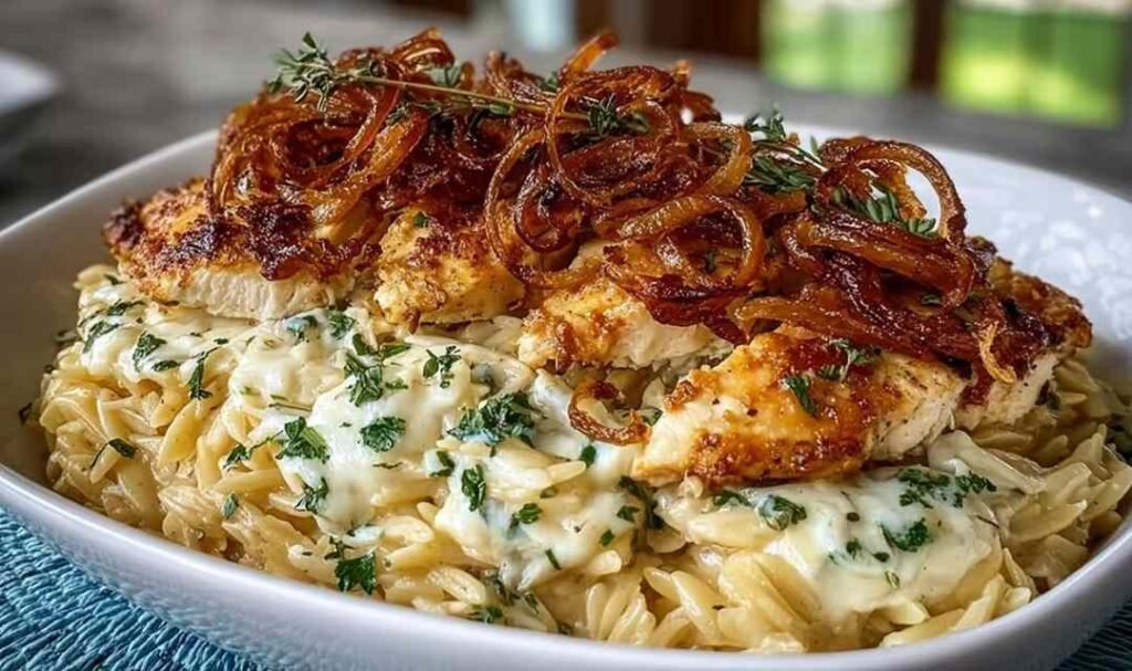 French Onion Chicken Orzo Casserole with bubbling Gruyère cheese and golden top fresh from the oven in a white baking dish