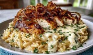 French Onion Chicken Orzo Casserole with bubbling Gruyère cheese and golden top fresh from the oven in a white baking dish