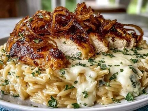 French Onion Chicken Orzo Casserole with bubbling Gruyère cheese and golden top fresh from the oven in a white baking dish