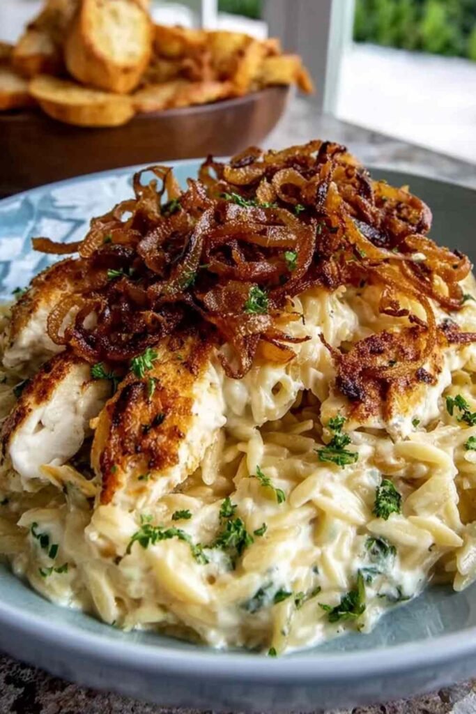 French Onion Chicken Orzo Casserole with bubbling Gruyère cheese and golden top fresh from the oven in a white baking dish