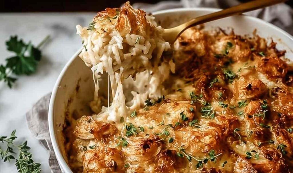 French onion chicken rice bake in a 9x13 baking dish with golden crispy onion topping and melted cheese