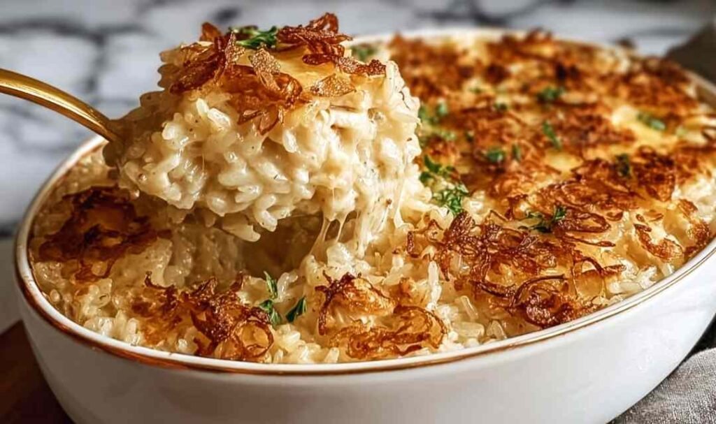 Overhead view of French Onion Chicken Rice Bake in a 9x13 baking dish with crispy golden French fried onions on top and chopped parsley garnish