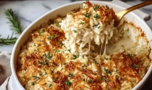 French onion chicken rice bake in a 9x13 baking dish with golden crispy onion topping and melted cheese