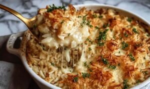 Overhead view of French Onion Chicken Rice Bake in a 9x13 baking dish with crispy golden French fried onions on top and chopped parsley garnish