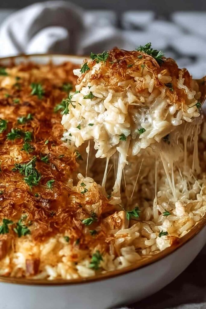 Overhead view of French Onion Chicken Rice Bake in a 9x13 baking dish with crispy golden French fried onions on top and chopped parsley garnish