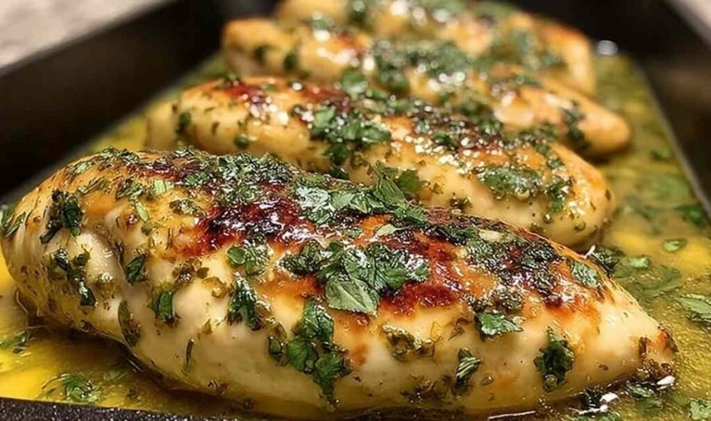 Juicy garlic butter baked chicken breast with golden top and fresh parsley in a baking dish