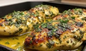Garlic Butter Baked Chicken Breast Juicy garlic butter baked chicken breast with golden top and fresh parsley in a baking dish