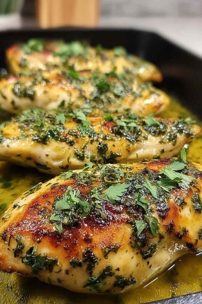 Juicy garlic butter baked chicken breast with golden top and fresh parsley in a baking dish