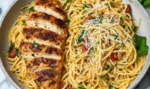 Garlic butter chicken pasta in a large skillet with sliced chicken breast, spaghetti, and Parmesan cheese garnished with fresh parsley