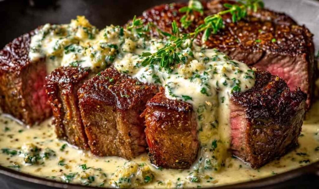 Sliced garlic butter steak with creamy Parmesan sauce drizzled on top served on white plate with fresh parsley garnish