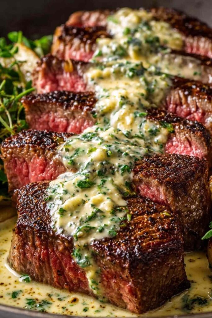 Sliced garlic butter steak with creamy Parmesan sauce drizzled on top served on white plate with fresh parsley garnish