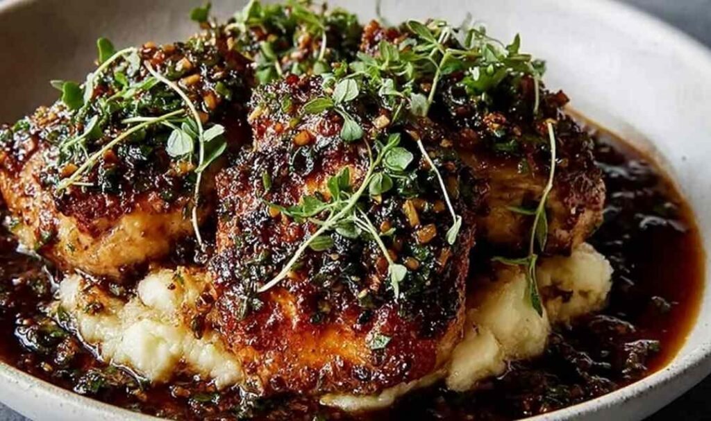 Garlic herb chicken with balsamic glaze on creamy mashed potatoes drizzled with rich pan sauce and fresh herbs
