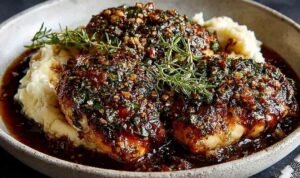 Garlic herb chicken with balsamic glaze on creamy mashed potatoes drizzled with rich pan sauce and fresh herbs