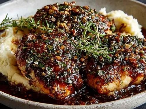 Garlic herb chicken with balsamic glaze on creamy mashed potatoes drizzled with rich pan sauce and fresh herbs