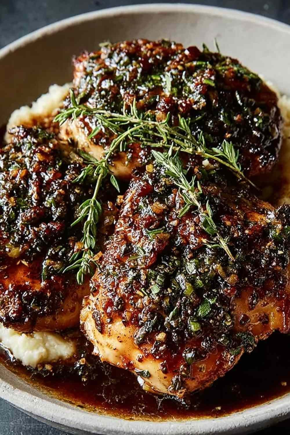 Garlic herb chicken with balsamic glaze on creamy mashed potatoes drizzled with rich pan sauce and fresh herbs