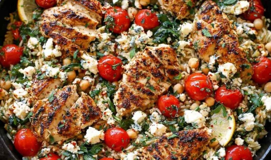 Greek Chicken and Lemon Rice in a cast iron skillet topped with marinated feta and fresh oregano